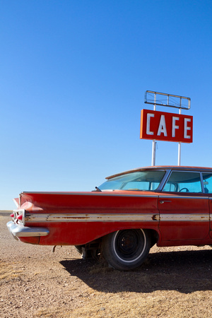 Cafe Sign and Old Car on Route 66